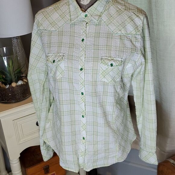 Gorgeous White Mint Green Plaid Textured Pearl Snap Cowboy 4Her Western Blouse L - Picture 1 of 7